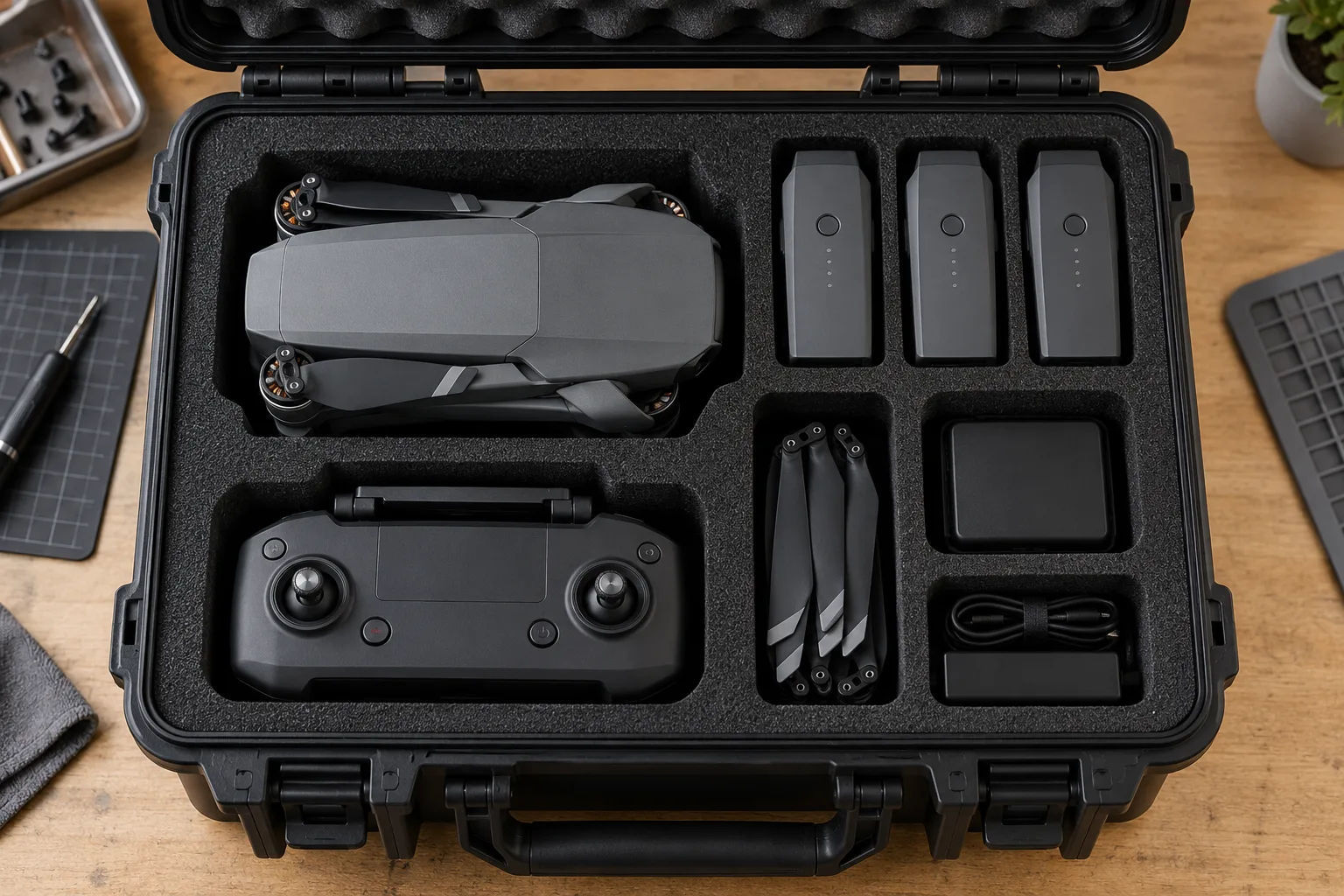Illustrative foam layout for a compact drone, controller and batteries