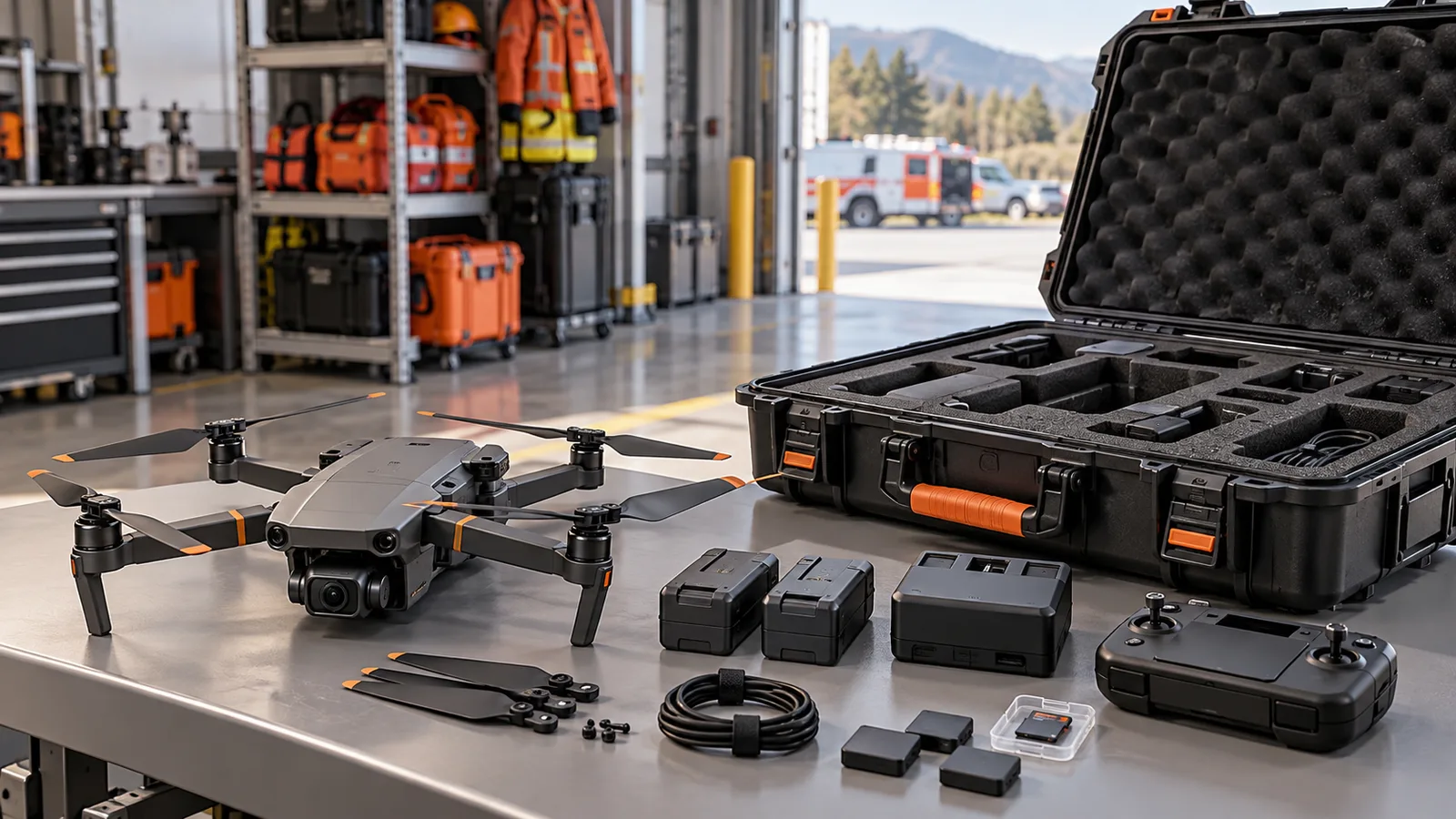 Illustrative compact civilian drone and protective case at an equipment depot