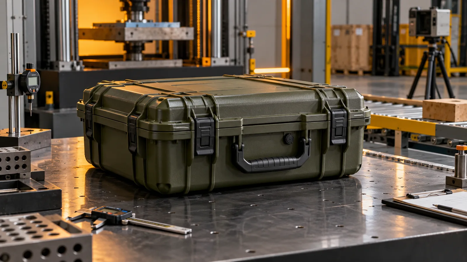 Illustrative rugged civilian transport case in an industrial inspection setting